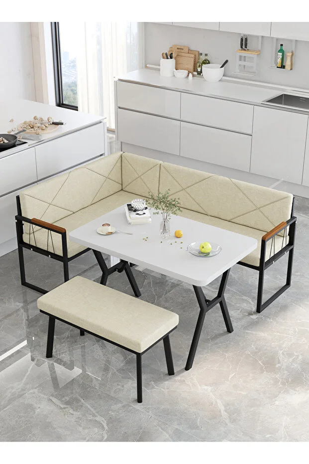 Src 70x110cm Beyaz Masalı, Köşe Takımı, Mutfak, Balkon Köşe Takımı, Mutfak Masası Takımı - Krem